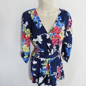Yumi Kim Liz Romper Blue Spring Bouquet Print Silk Belted Surplice Neckline Size
